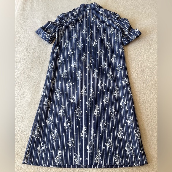 Vintage 70s Navy Floral Stripe A-Line Dress with Puff Sleeves - Picture 5 of 10